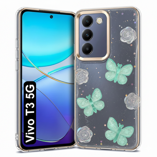 “ Vivo T3 Stylish 3D Butterfly & Rose Transparent Case for | Glitter Soft Back Cover | Elegant Crystal Design”