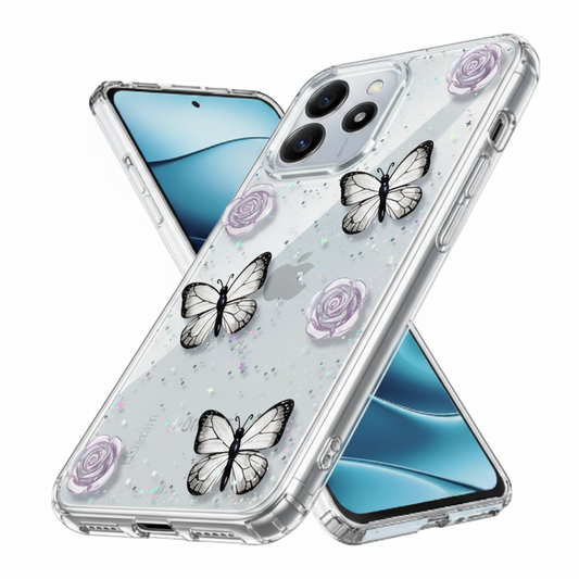 Redmi Note 14 “Elegant 3D Butterfly & Rose Transparent Case for| Glitter Soft TPU Back Cover | Sparkling Stylish Design”