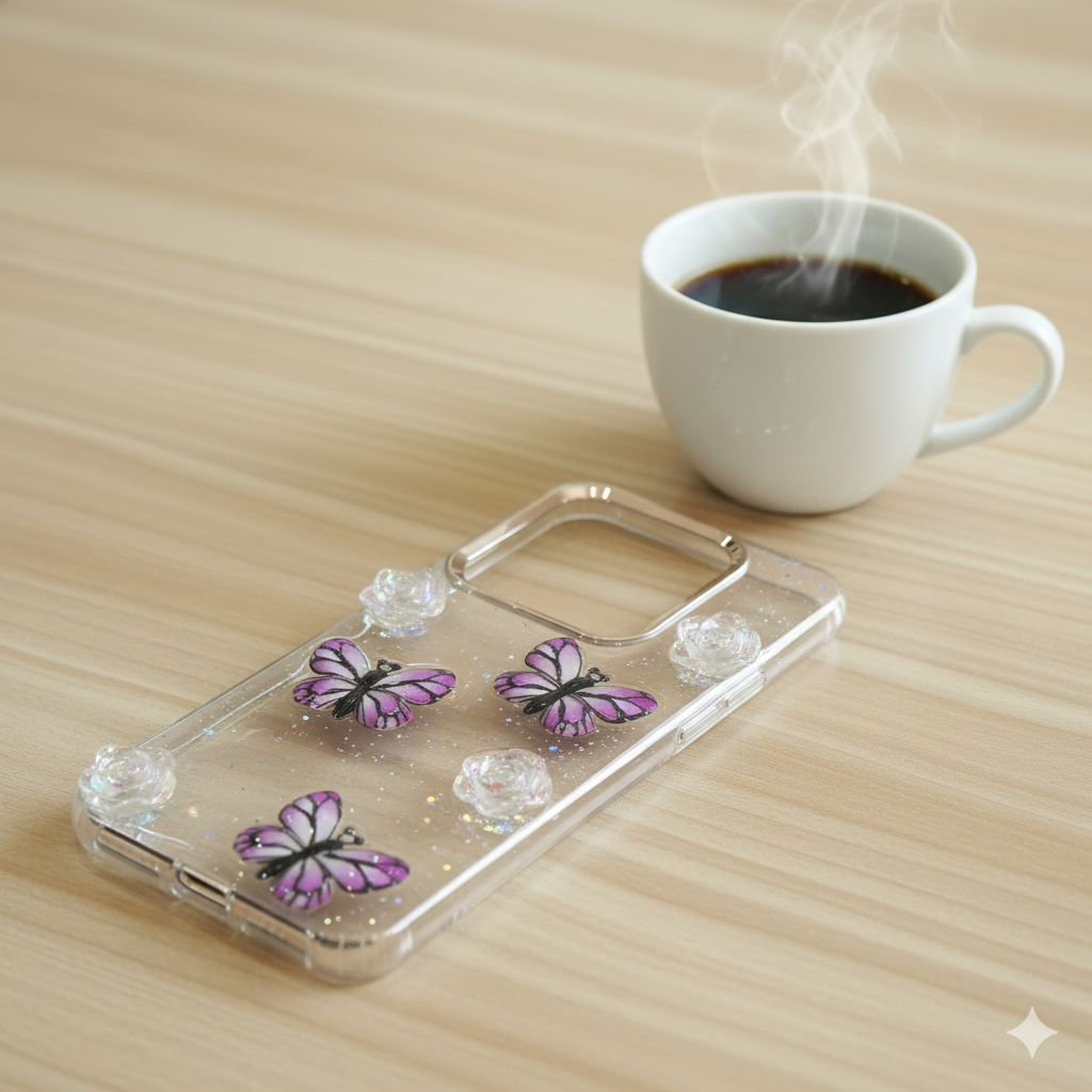 Redmi Note 14 “Elegant 3D Butterfly & Rose Transparent Case for| Glitter Soft TPU Back Cover | Sparkling Stylish Design”