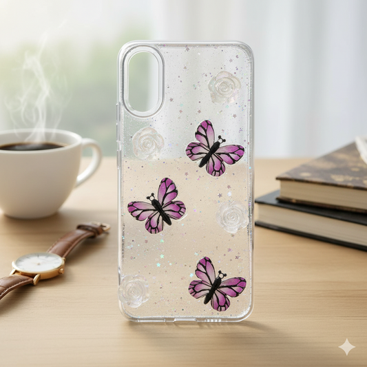 “ Redmi 9A Stylish 3D Purple Butterfly & Rose Transparent Case for | Glitter Soft TPU Back Cover | Elegant Sparkling Design”