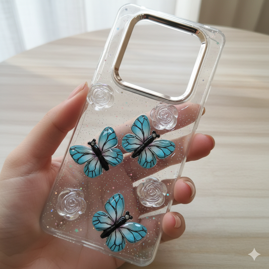 ✨OP F29 Elegant Butterfly & Crystal Rose 3D Glitter Case for – Transparent Luxury Protection 🌸🦋