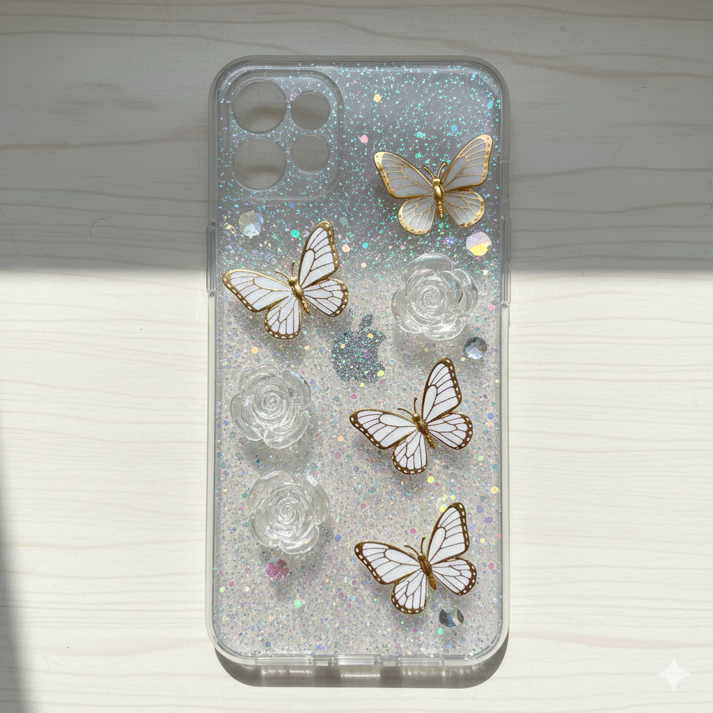 ✨OP F29 Elegant Butterfly & Crystal Rose 3D Glitter Case for – Transparent Luxury Protection 🌸🦋