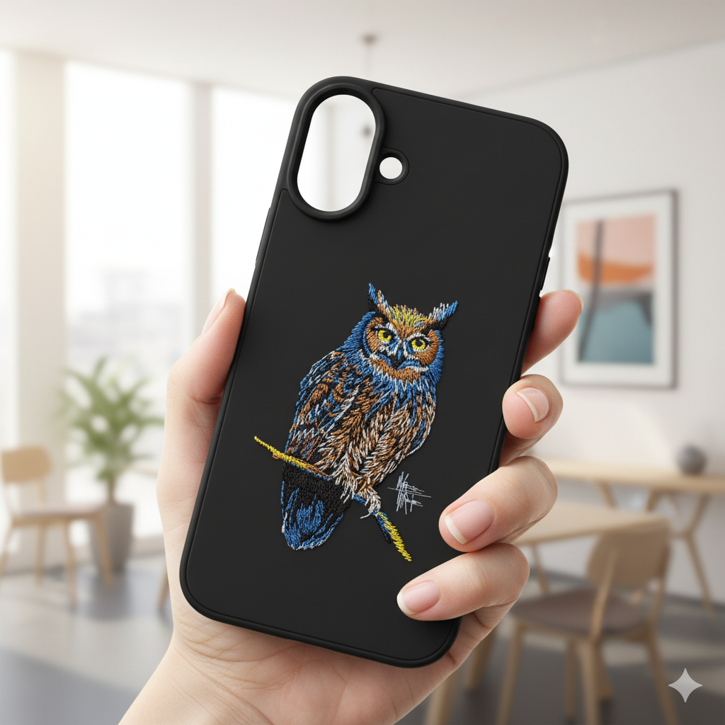 iPhone 16 Plus Designer Owl Case | Premium Soft Silicone Embroidery Cover
