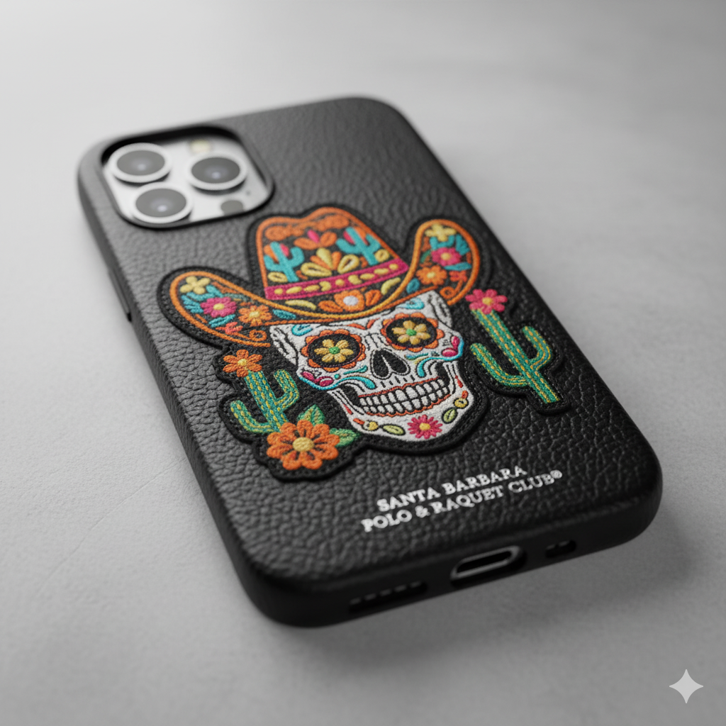iPhone 15 Pro Cowboy Skull Embroidered Case – Luxury Leather Protective Cover