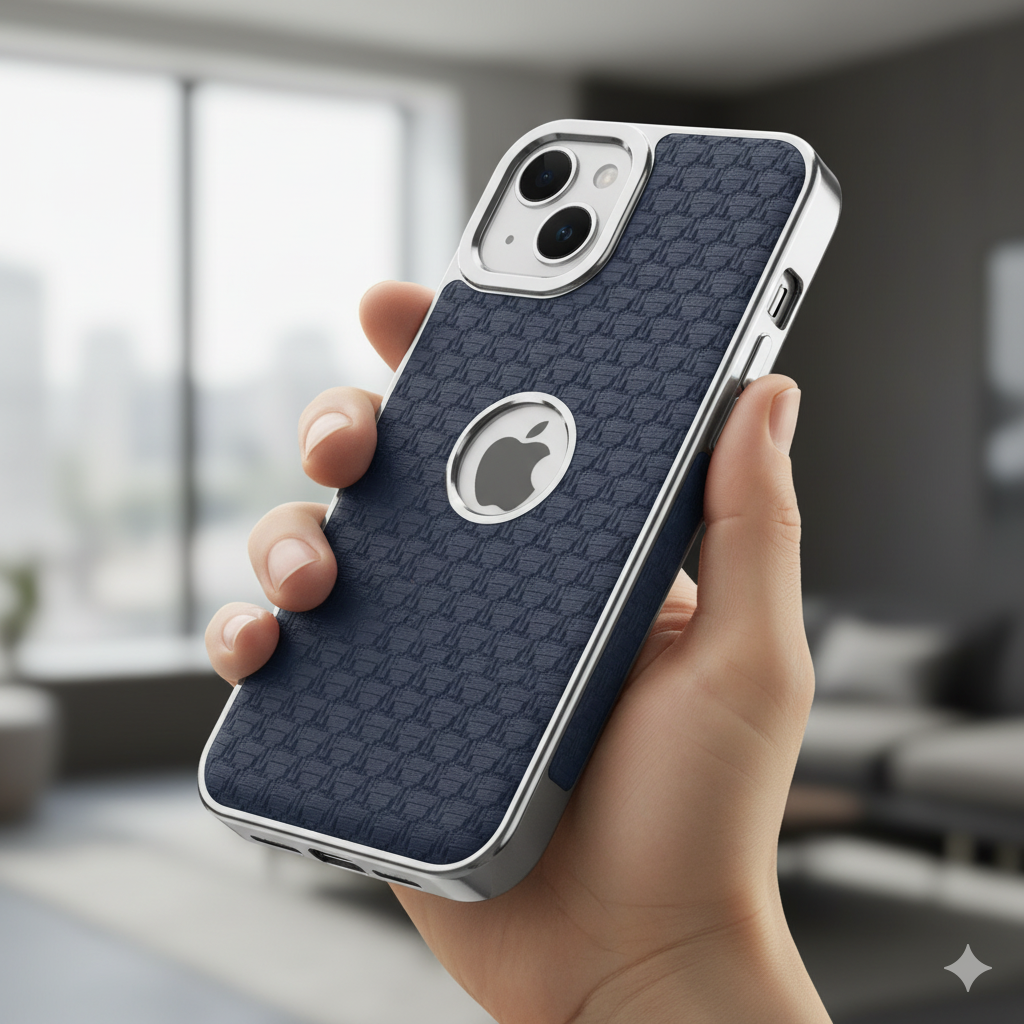 iPhone 15 Plus Luxury Textured Soft Cushion Back Cover – Shockproof Metal Frame Protective Case (Black | Blue | Brown)