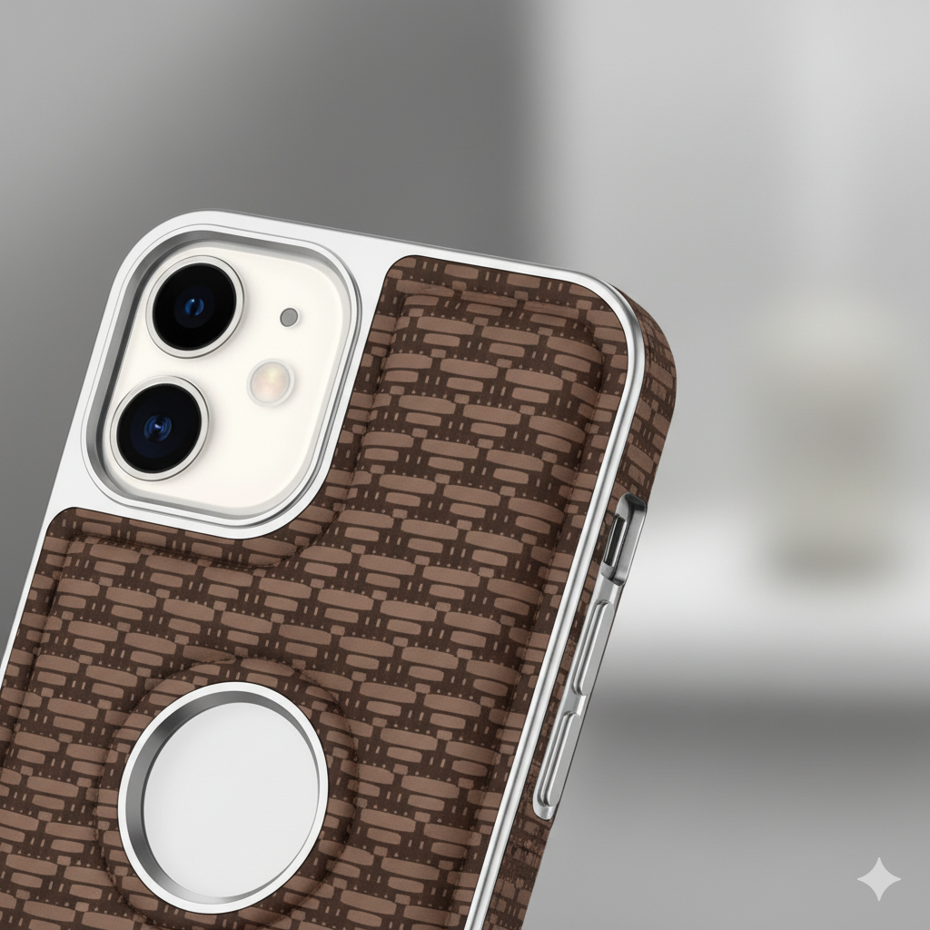 iPhone 12 Luxury Textured Soft Cushion Back Cover – Shockproof Metal Frame Protective Case (Black | Brown)