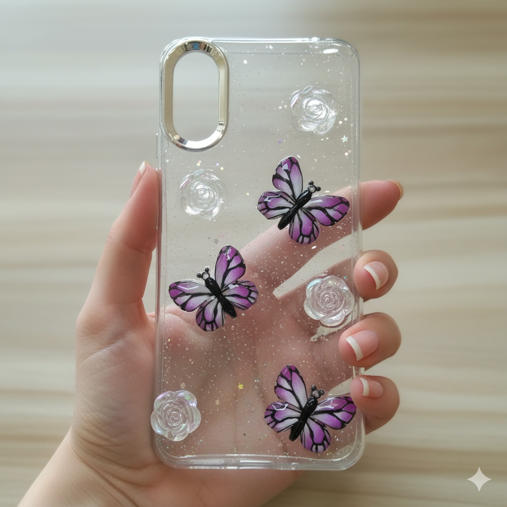 “ Redmi 9A Stylish 3D Purple Butterfly & Rose Transparent Case for | Glitter Soft TPU Back Cover | Elegant Sparkling Design”