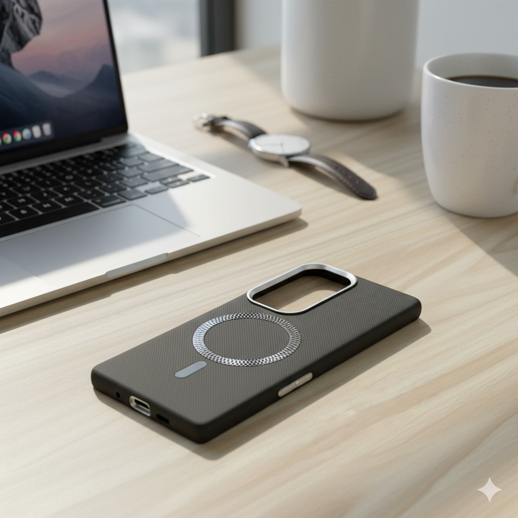 Samsung S25 Ultra Magnetic Armor Case – Sleek Black Design with Metallic MagSafe Ring & Premium Camera Protection