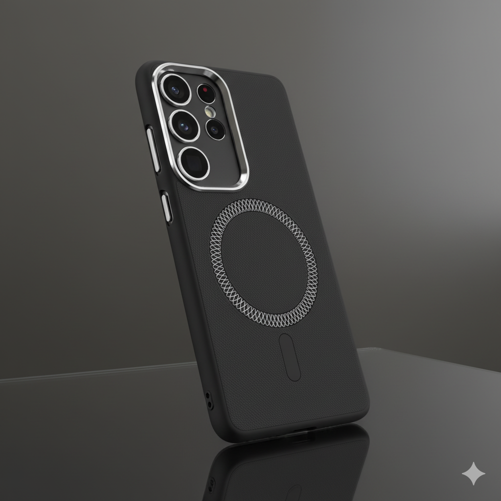 Samsung S25 Ultra Magnetic Armor Case – Sleek Black Design with Metallic MagSafe Ring & Premium Camera Protection