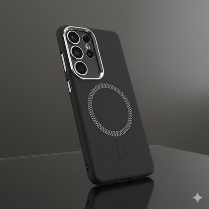 Samsung S25 Ultra Magnetic Armor Case – Sleek Black Design with Metallic MagSafe Ring & Premium Camera Protection