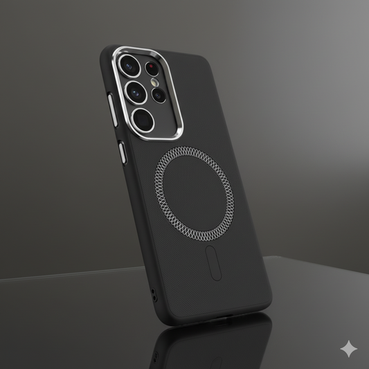 Samsung S25 Ultra Magnetic Armor Case – Sleek Black Design with Metallic MagSafe Ring & Premium Camera Protection