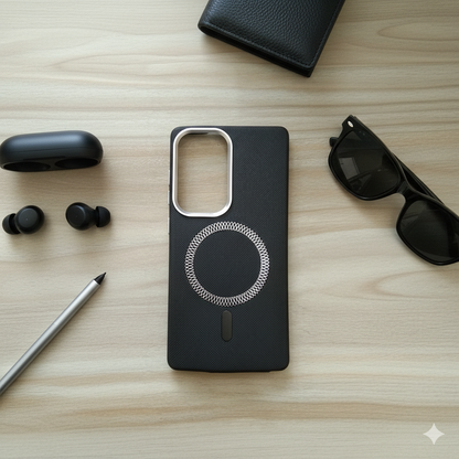 Samsung S25 Ultra Magnetic Armor Case – Sleek Black Design with Metallic MagSafe Ring & Premium Camera Protection