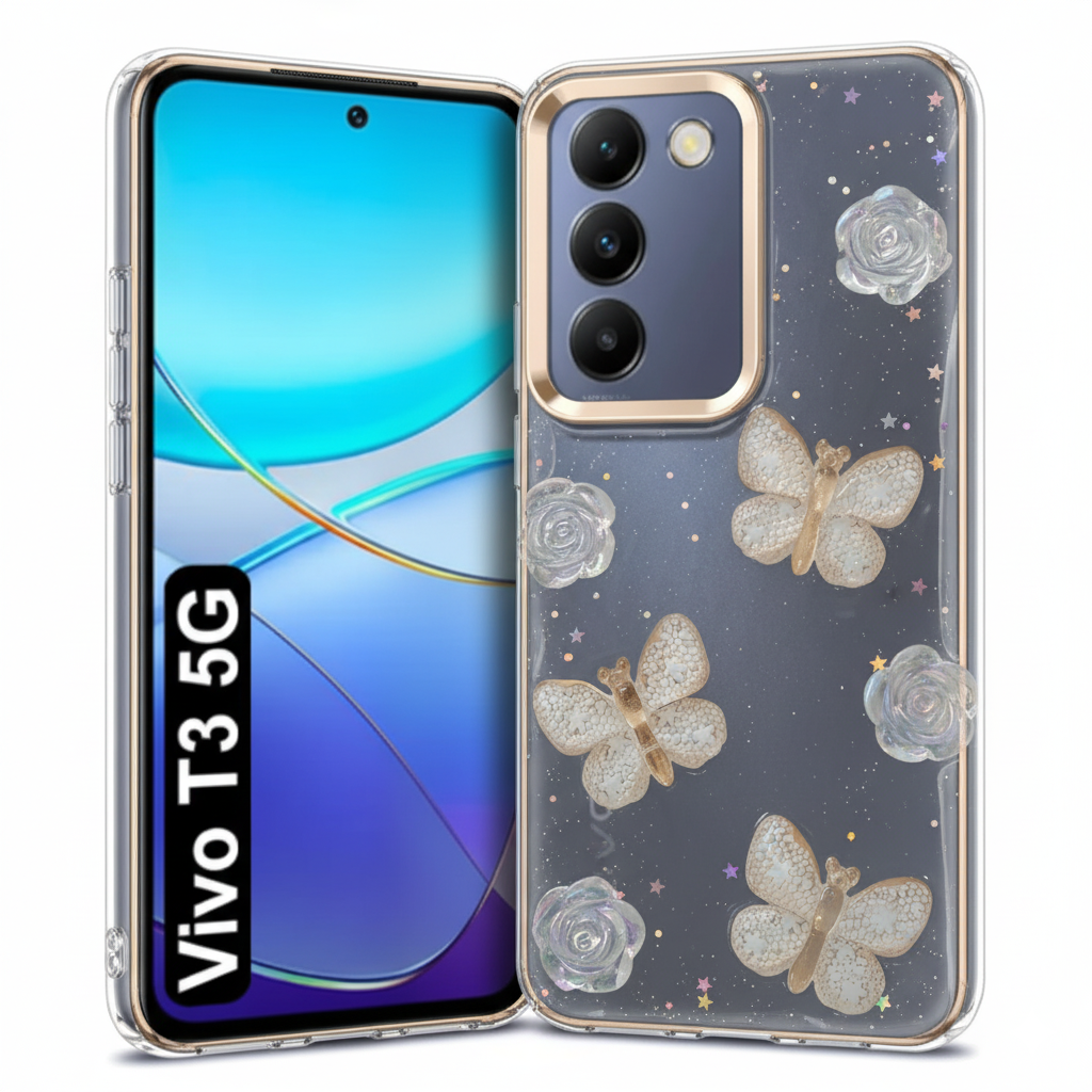 “ Vivo T3  Stylish 3D Butterfly & Rose Transparent Case for | Glitter Soft Back Cover | Elegant Crystal Design”