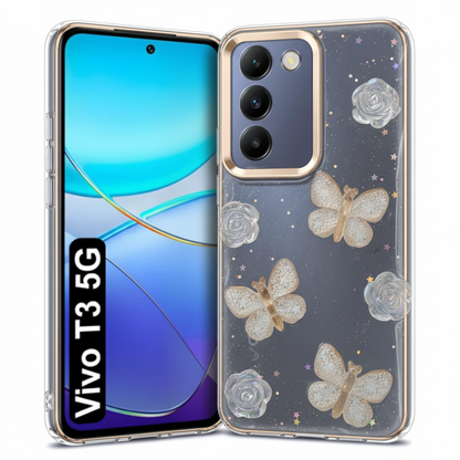 “ Vivo T3  Stylish 3D Butterfly & Rose Transparent Case for | Glitter Soft Back Cover | Elegant Crystal Design”