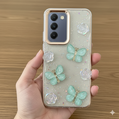 “ Vivo T3  Stylish 3D Butterfly & Rose Transparent Case for | Glitter Soft Back Cover | Elegant Crystal Design”