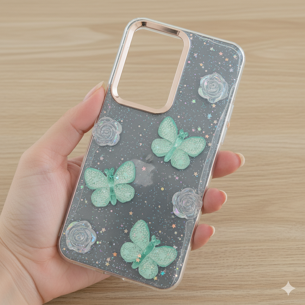 “ Vivo T3  Stylish 3D Butterfly & Rose Transparent Case for | Glitter Soft Back Cover | Elegant Crystal Design”