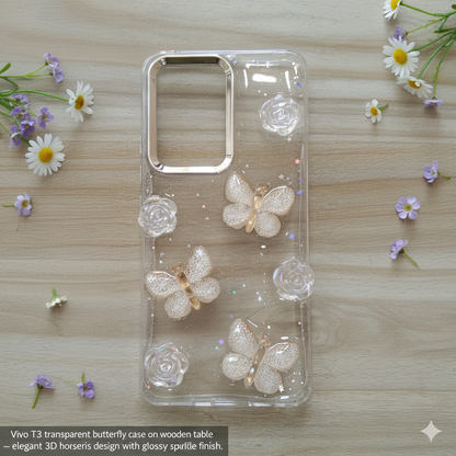 “ Vivo T3  Stylish 3D Butterfly & Rose Transparent Case for | Glitter Soft Back Cover | Elegant Crystal Design”