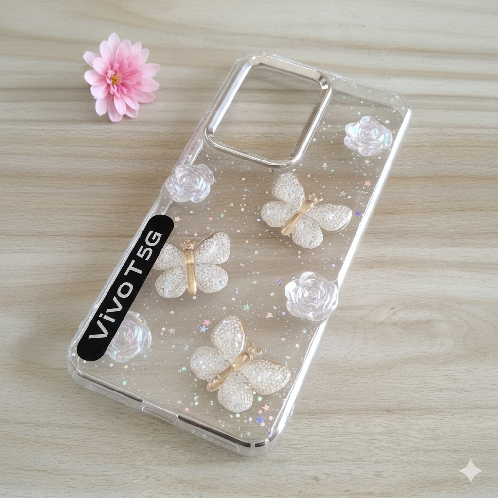 “ Vivo T3  Stylish 3D Butterfly & Rose Transparent Case for | Glitter Soft Back Cover | Elegant Crystal Design”