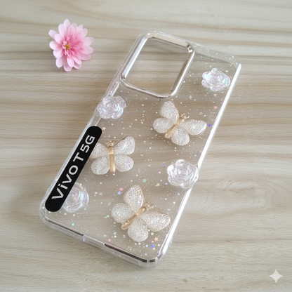“ Vivo T3  Stylish 3D Butterfly & Rose Transparent Case for | Glitter Soft Back Cover | Elegant Crystal Design”