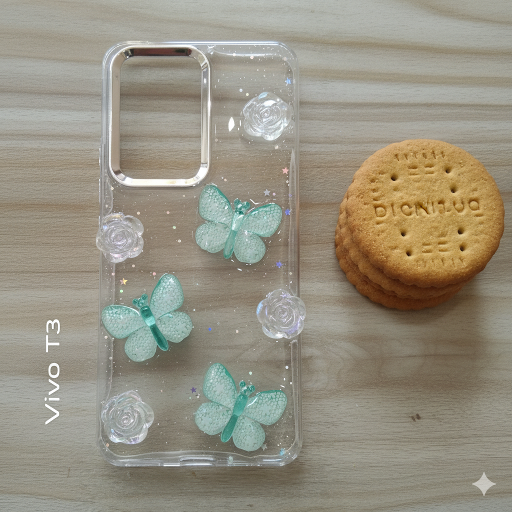 “ Vivo T3  Stylish 3D Butterfly & Rose Transparent Case for | Glitter Soft Back Cover | Elegant Crystal Design”