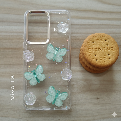 “ Vivo T3  Stylish 3D Butterfly & Rose Transparent Case for | Glitter Soft Back Cover | Elegant Crystal Design”