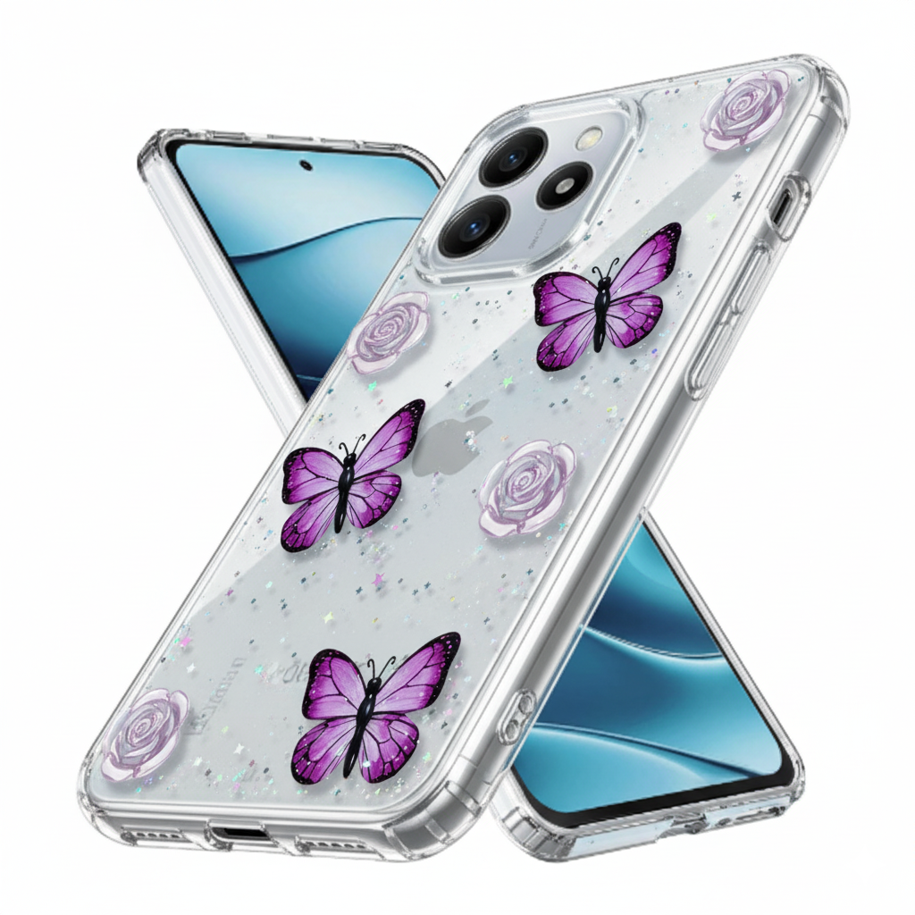 Redmi Note 14   “Elegant 3D Butterfly & Rose Transparent Case for| Glitter Soft TPU Back Cover | Sparkling Stylish Design”