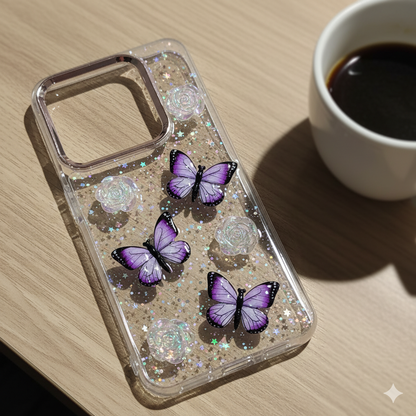 Redmi Note 14   “Elegant 3D Butterfly & Rose Transparent Case for| Glitter Soft TPU Back Cover | Sparkling Stylish Design”