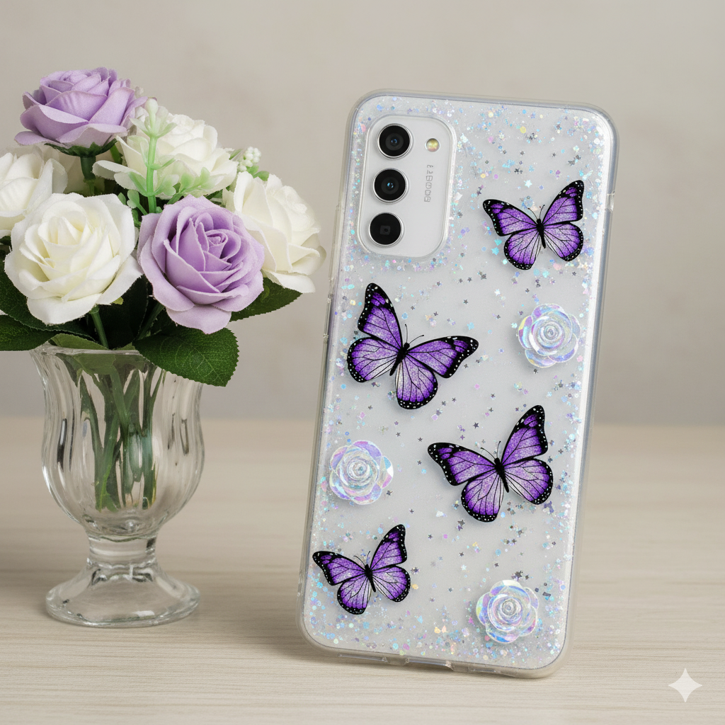 Redmi Note 14   “Elegant 3D Butterfly & Rose Transparent Case for| Glitter Soft TPU Back Cover | Sparkling Stylish Design”