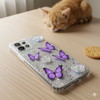 Redmi Note 14   “Elegant 3D Butterfly & Rose Transparent Case for| Glitter Soft TPU Back Cover | Sparkling Stylish Design”