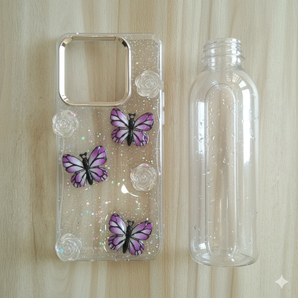 Redmi Note 14   “Elegant 3D Butterfly & Rose Transparent Case for| Glitter Soft TPU Back Cover | Sparkling Stylish Design”