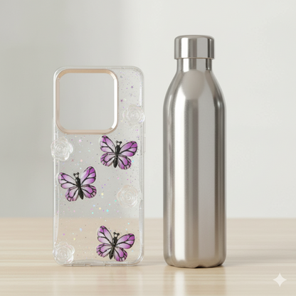 Redmi Note 14   “Elegant 3D Butterfly & Rose Transparent Case for| Glitter Soft TPU Back Cover | Sparkling Stylish Design”