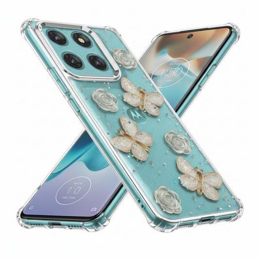 “ Motorola Edge 60 Stylish 3D Blue Butterfly & Rose Transparent Case for | Glitter Soft TPU Back Cover | Elegant Sparkling Design”