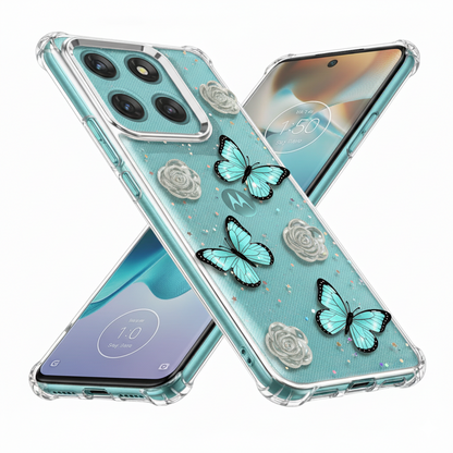 “ Motorola Edge 60 Stylish 3D Blue Butterfly & Rose Transparent Case for | Glitter Soft TPU Back Cover | Elegant Sparkling Design”