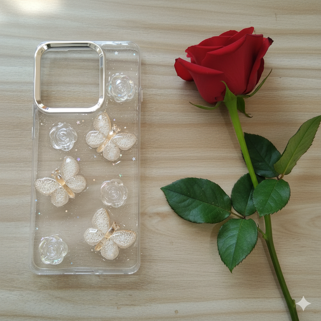 “ Motorola Edge 60 Stylish 3D Blue Butterfly & Rose Transparent Case for | Glitter Soft TPU Back Cover | Elegant Sparkling Design”