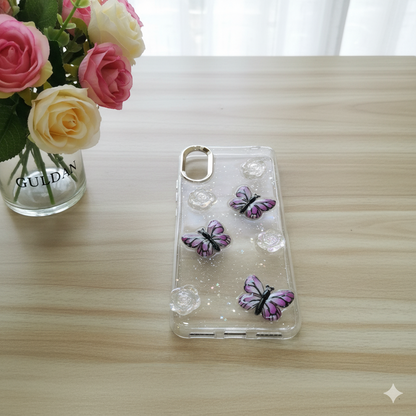 “ Redmi 9A Stylish 3D Purple Butterfly & Rose Transparent Case for | Glitter Soft TPU Back Cover | Elegant Sparkling Design”