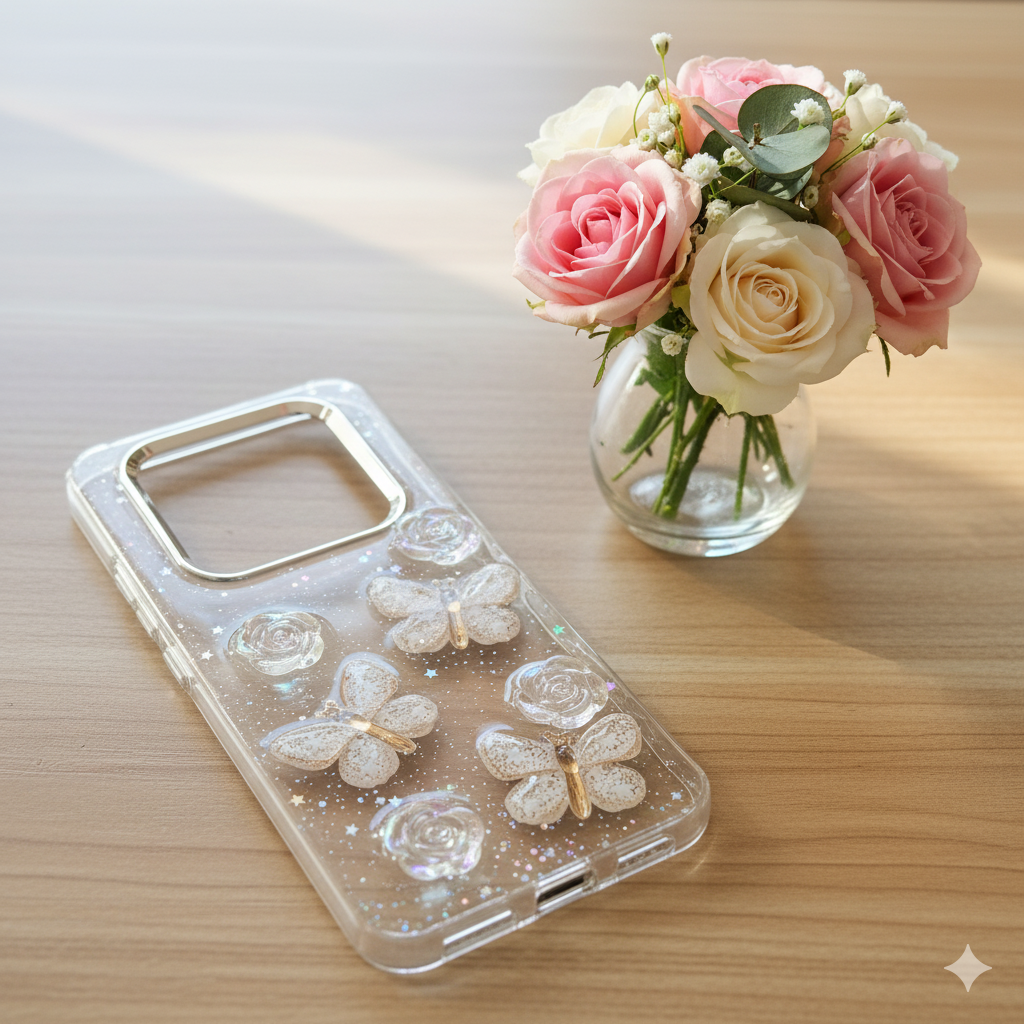 ✨OP F29 Elegant Butterfly & Crystal Rose 3D Glitter Case for  – Transparent Luxury Protection 🌸🦋