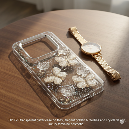 ✨OP F29 Elegant Butterfly & Crystal Rose 3D Glitter Case for  – Transparent Luxury Protection 🌸🦋