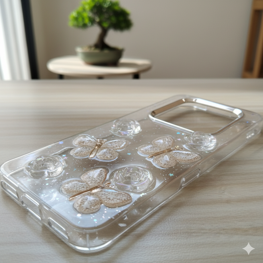 ✨OP F29 Elegant Butterfly & Crystal Rose 3D Glitter Case for  – Transparent Luxury Protection 🌸🦋