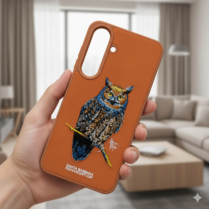 Samsung S25 Leather-Texture Silicone Case with 3D Embroidered Owl Design