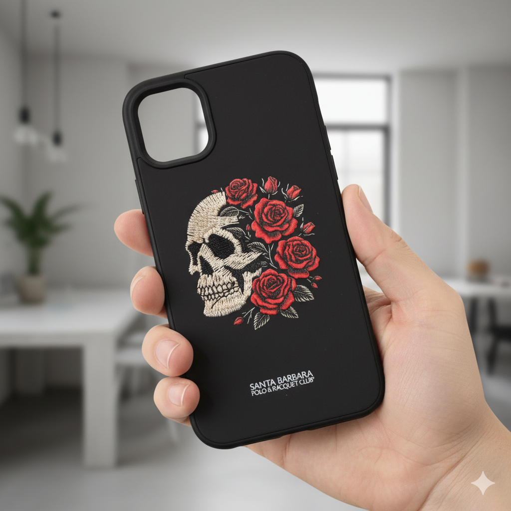 iPhone 11 Premium Silicone Case with 3D Skull & Roses Embroidery  5.