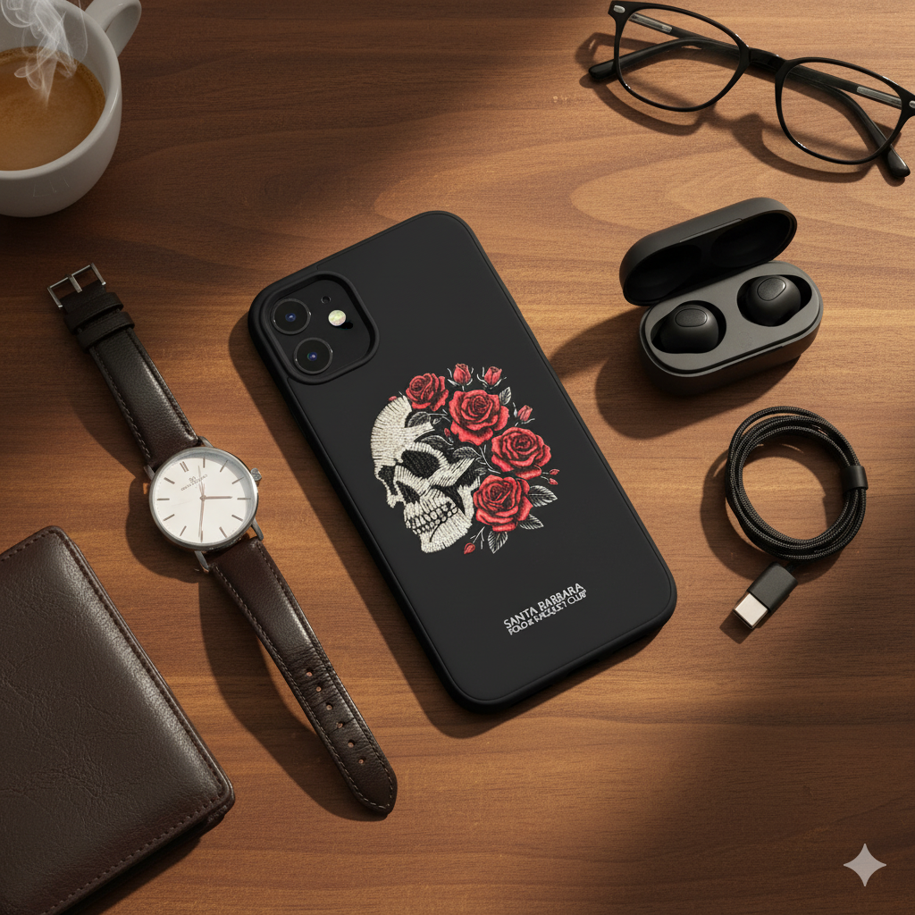 iPhone 11 Premium Silicone Case with 3D Skull & Roses Embroidery  5.