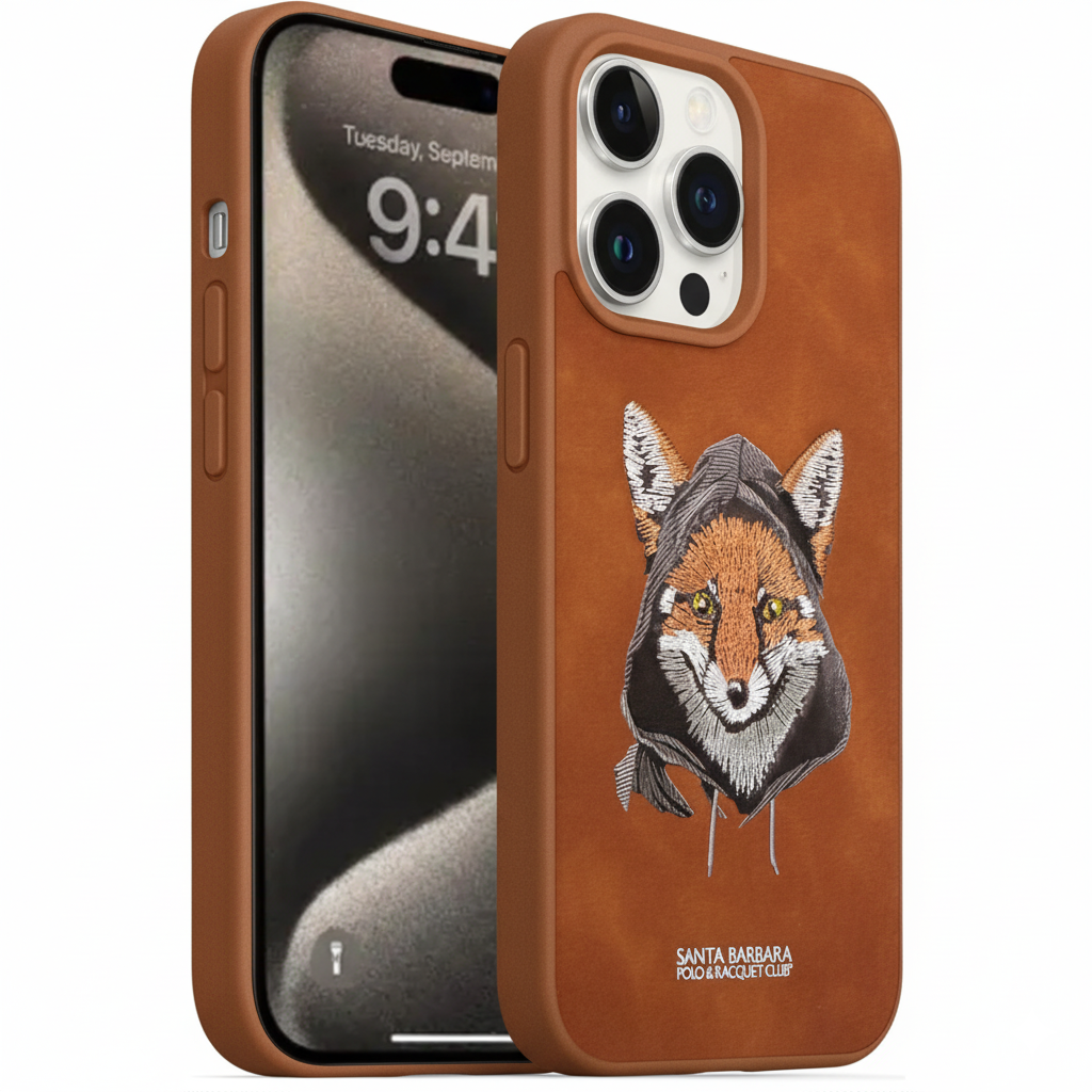 iPhone 15 Pro Max Premium Embroidered Fox Silicone Case | Brown Luxury Edition