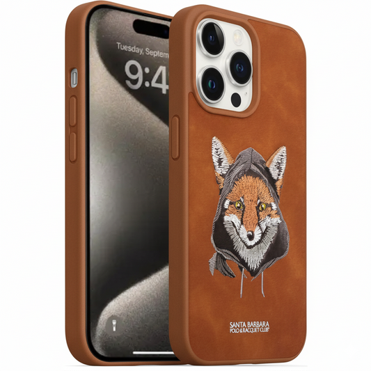 iPhone 15 Pro Max Premium Embroidered Fox Silicone Case | Brown Luxury Edition