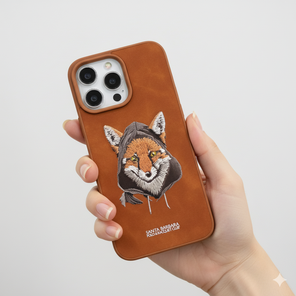 iPhone 15 Pro Max Premium Embroidered Fox Silicone Case | Brown Luxury Edition