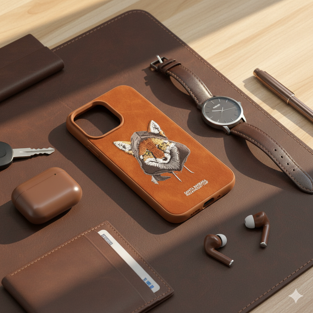 iPhone 15 Pro Max Premium Embroidered Fox Silicone Case | Brown Luxury Edition