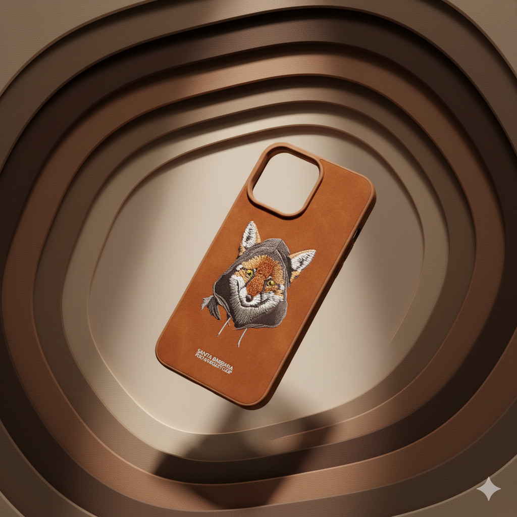 iPhone 15 Pro Max Premium Embroidered Fox Silicone Case | Brown Luxury Edition