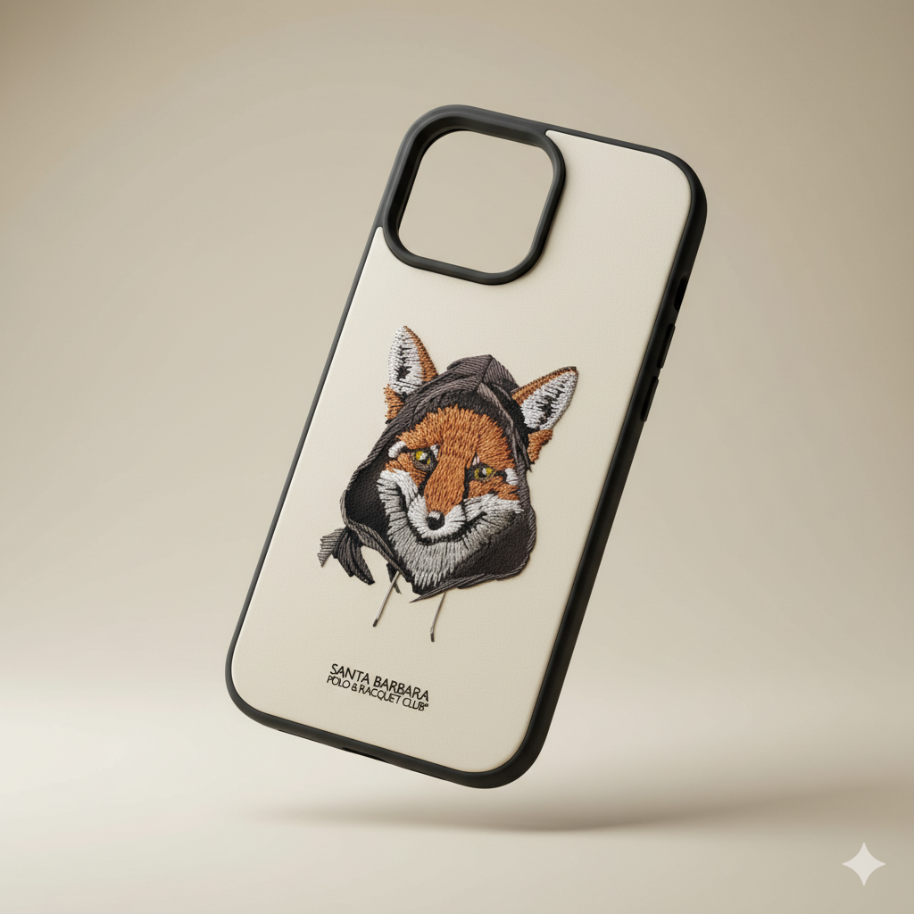 iPhone 16 Pro Max Premium Embroidered Fox Silicone Case | Luxury Cream Edition