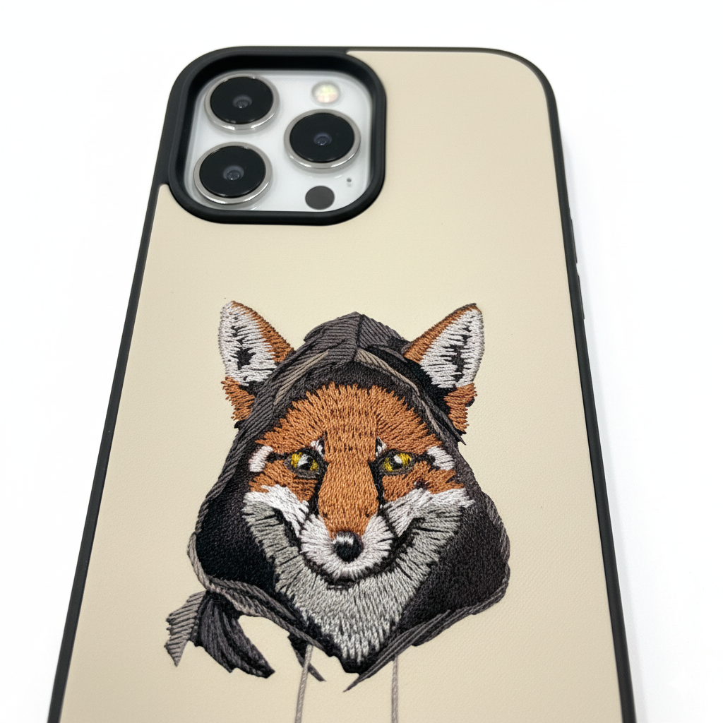iPhone 16 Pro Max Premium Embroidered Fox Silicone Case | Luxury Cream Edition