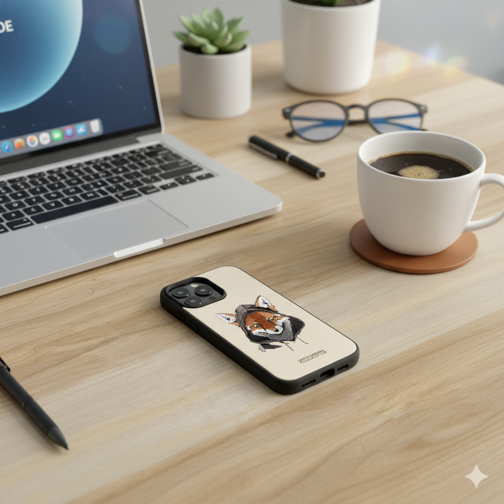 iPhone 16 Pro Max Premium Embroidered Fox Silicone Case | Luxury Cream Edition