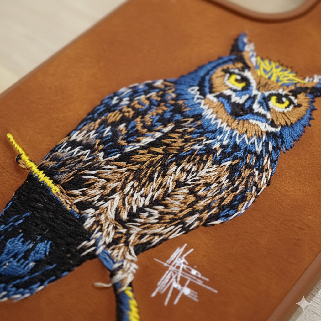 iPhone 15 Designer Embroidered Owl Back Cover – Stylish & Durable Protection